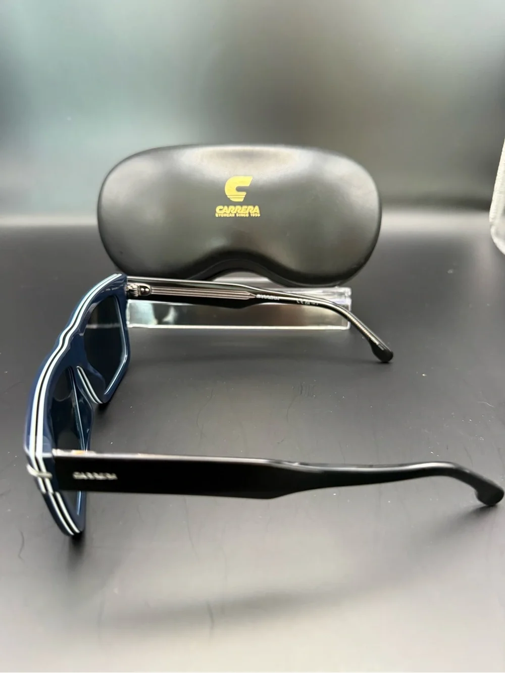Carrera Blue Lens Black Frame Sunglasses with Protective Case
